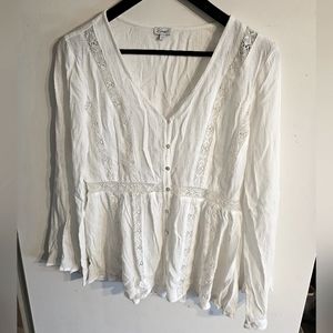 White Kismet Button Up Cottage Core/Peasant Blouse with Lace Inserts